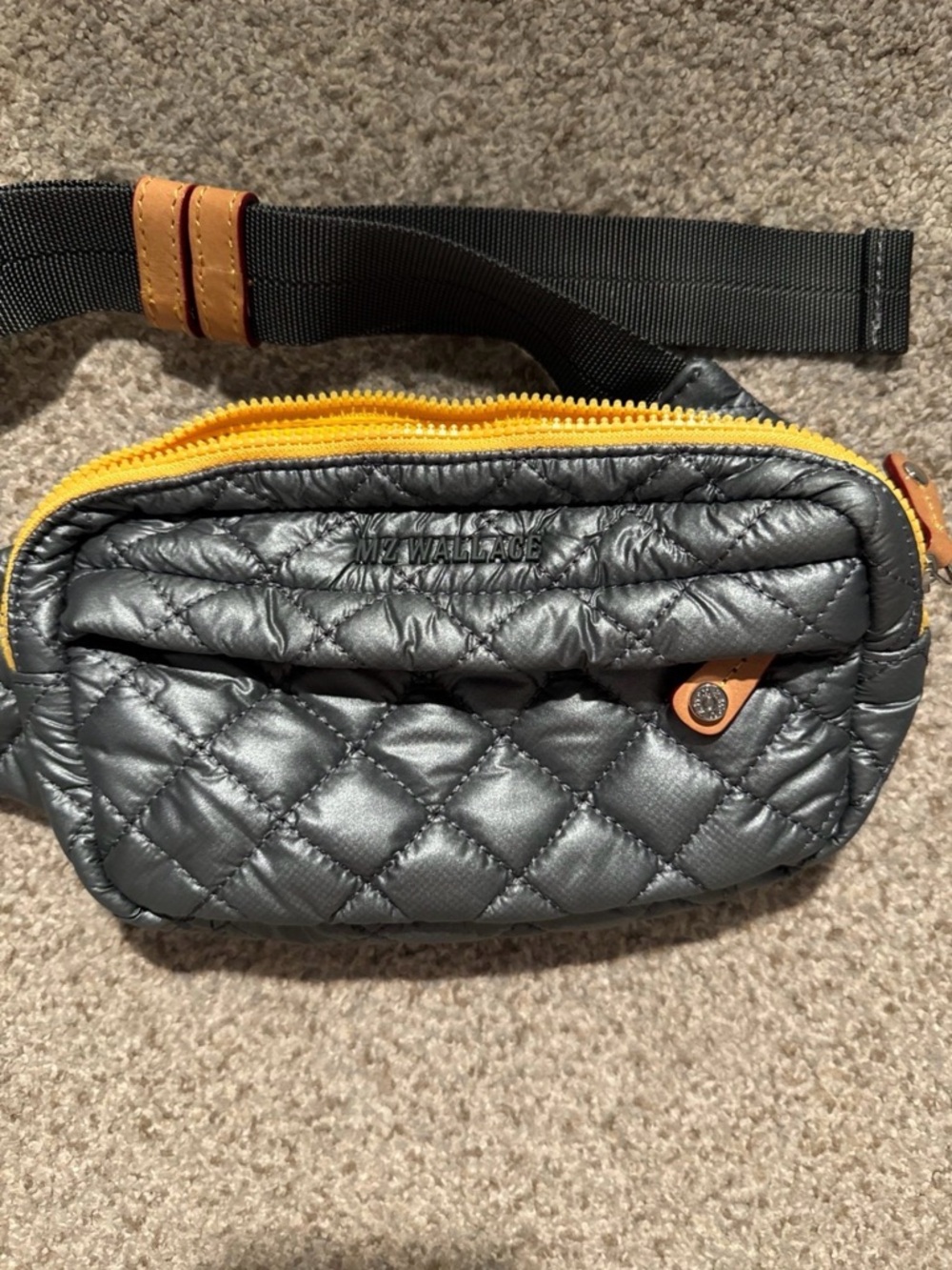 MZ Wallace Quilted Metallic Silver Belt Bag with Yellow Zipper